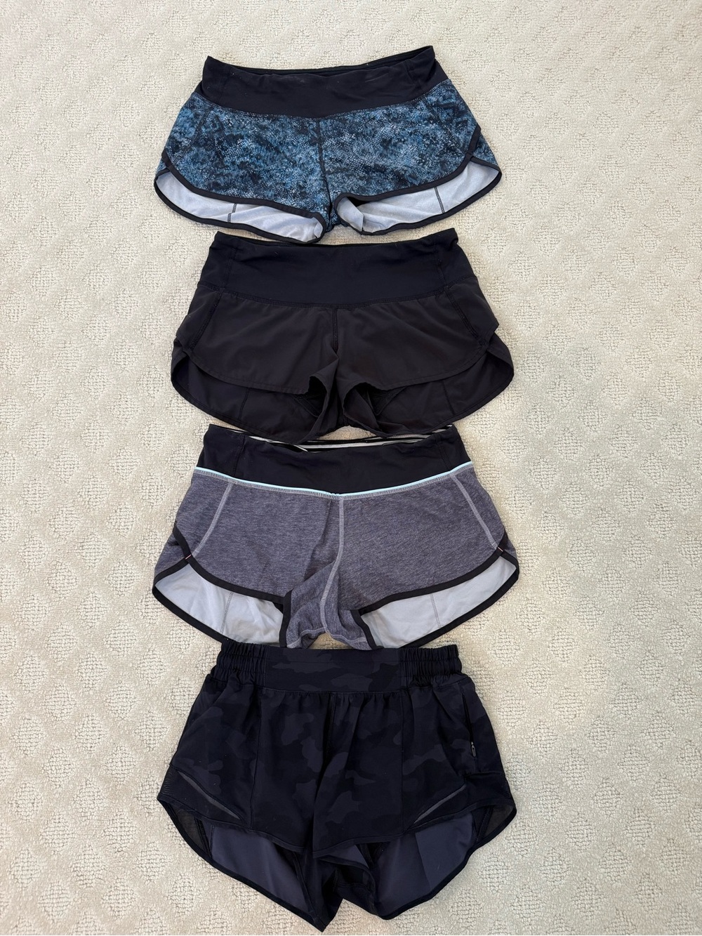 lululemon athletica Women's Black, Gray and Blue Patterned Athletic Shorts Pack